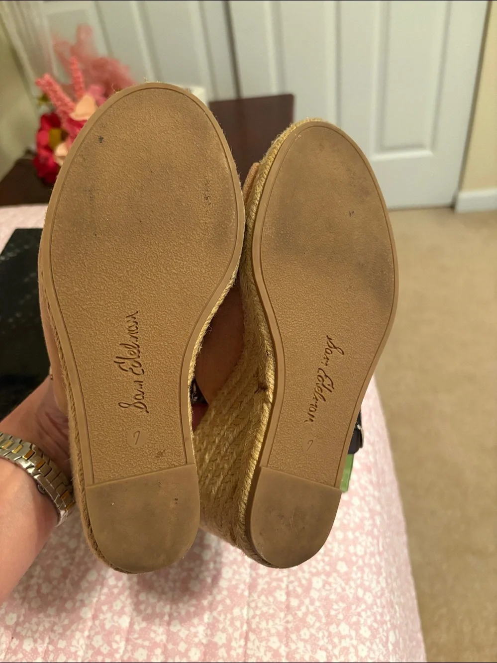 Sam Edelman Tan Suede Espadrille Peep-Toe Wedge Mules comes in the box.